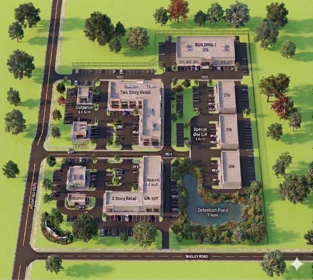 Aerial site plan of the 18.5-acre Peachtree Corridor mixed-use campus along Peachtree Parkway and Bagley Road, with buildings, parking, roads, and detention pond.