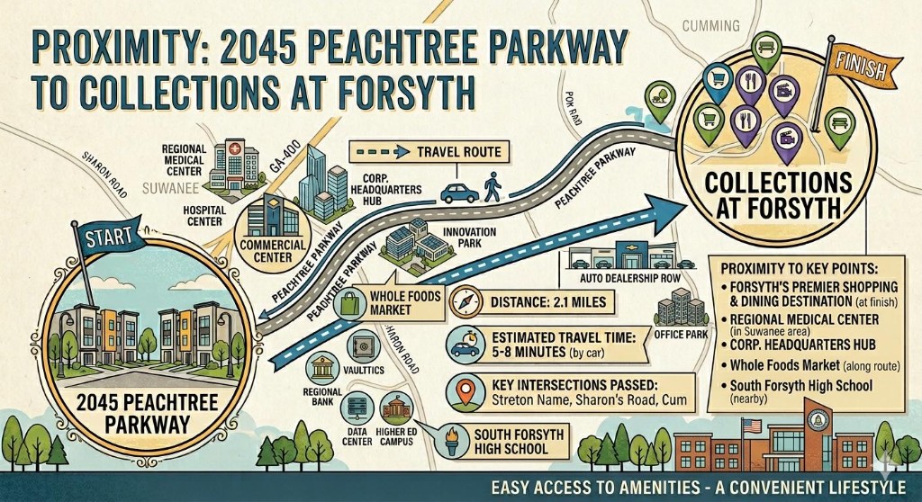 Proximity map: route from 2045 Peachtree Parkway to Collections at Forsyth along Peachtree Parkway, with distance and travel time and area amenities.